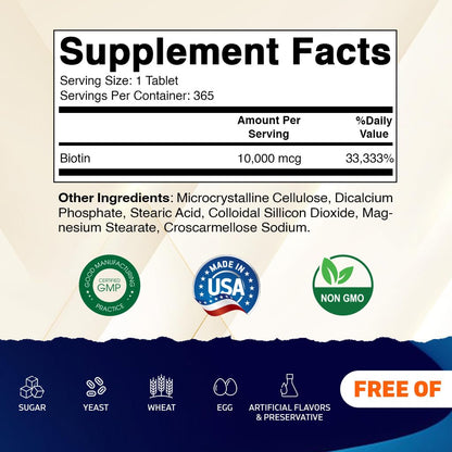 Vitamatic Biotin 10,000 mcg (10 mg) – Stronger Hair, Skin & Nails | 365 Vegan Tablets (Vitamin B7)