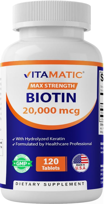 Vitamatic High Potency Biotin 20000 mcg with Keratin - 120 Vegetarian Tablets