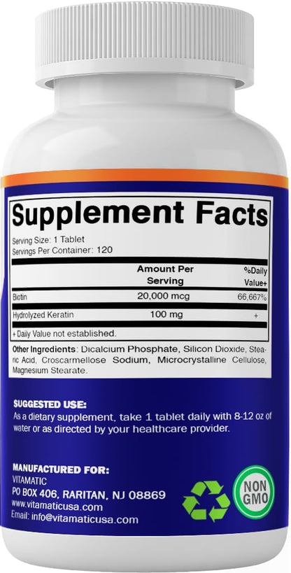 Vitamatic High Potency Biotin 20000 mcg with Keratin - 120 Vegetarian Tablets