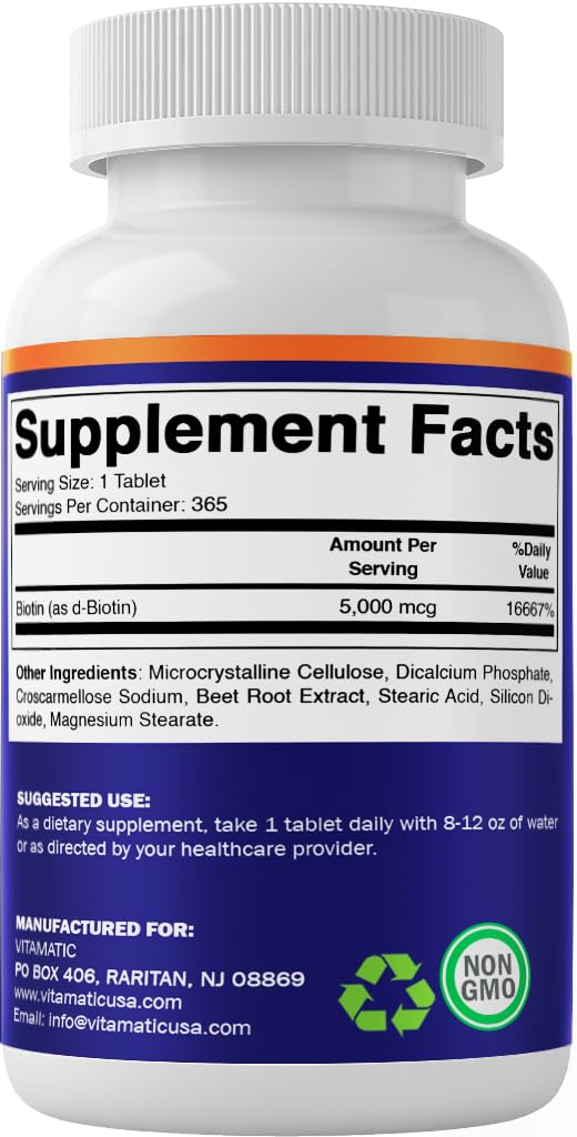 Vitamatic Biotin 5000mcg (5 mg) - 365 Vegan Tablets (Pack of 2) | Hair, Skin & Nails | Vitamin B7