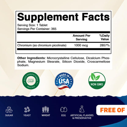 Vitamatic Chromium 1000 mcg – 365 Tablets | High Potency Picolinate | Non-GMO, Gluten Free