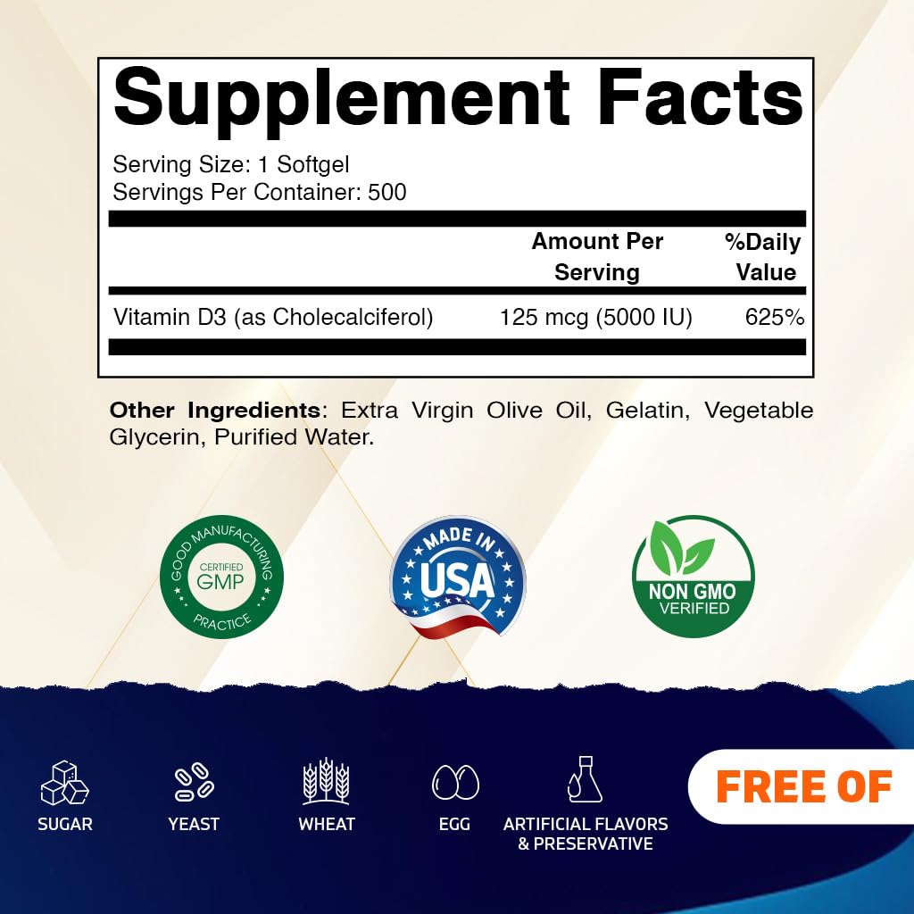 Vitamatic Vitamin D3 5000 IU (125 mcg) – 500 Softgels Olive Oil-Based Formula