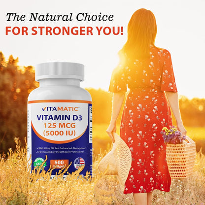 Vitamatic Vitamin D3 5000 IU (125 mcg) – 500 Softgels Olive Oil-Based Formula