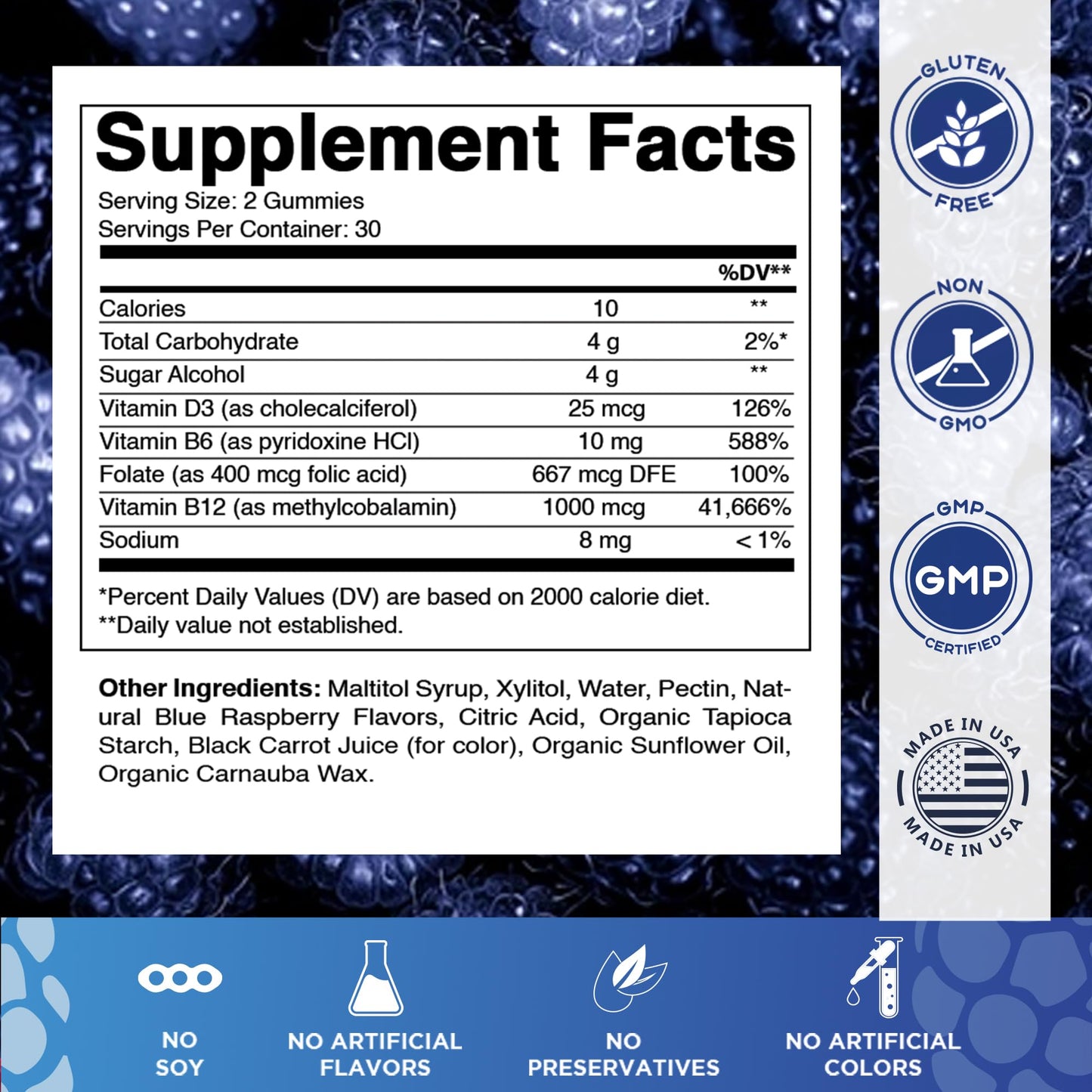 Vitamatic Vitamin D3 + B12 Gummies – Blue Raspberry, 60 Gummies | USA Made with Folate & B6
