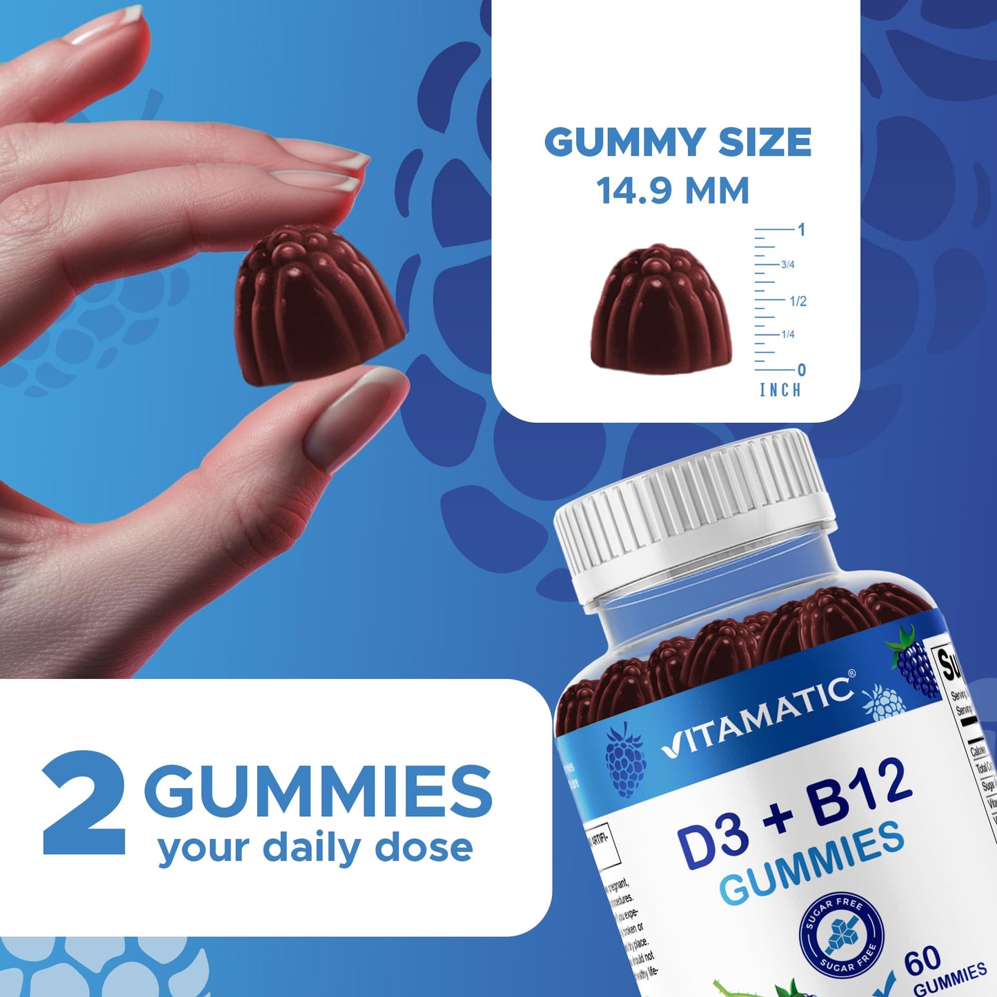 Vitamatic Vitamin D3 + B12 Gummies – Blue Raspberry, 60 Gummies | USA Made with Folate & B6