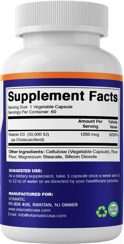 Vitamatic Vitamin D3 50,000 IU Weekly Dose – 60 Veggie Capsules