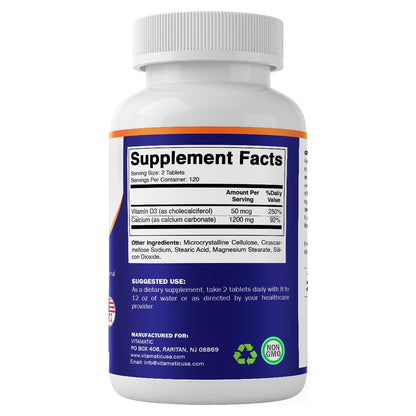 Vitamatic Calcium 1200mg + Vitamin D3 2000 IU – Bone & Immune Support (240 Tablets) – Non-GMO, Gluten-Free
