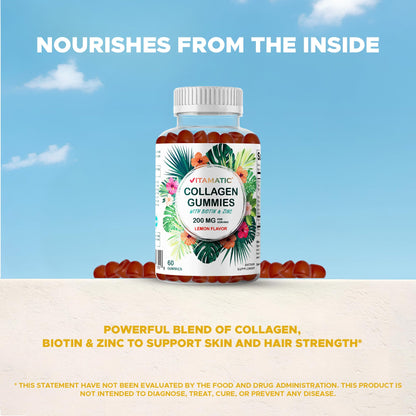 Vitamatic Hydrolyzed Collagen Gummies with Vitamin C, Zinc & Biotin – Healthy Skin Support, 60 Gummies