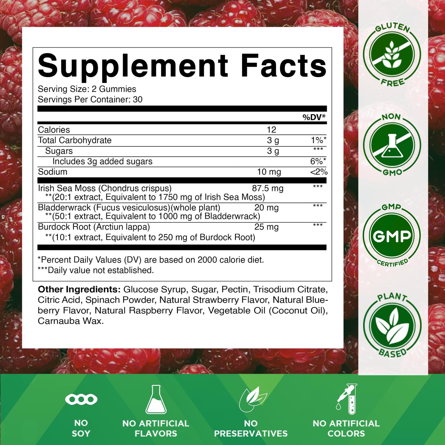 Vitamatic Irish Sea Moss Gummies – 60 Ct | 3000mg Equivalent Per Serving (from Extract 132.5mg) | Bladderwrack & Burdock Root