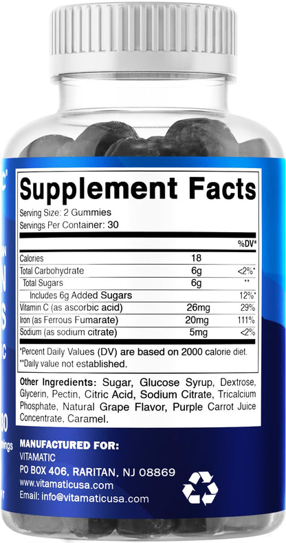 Vitamatic Iron Gummies - 20mg Iron + Vitamin C | 60 Vegan Gummies