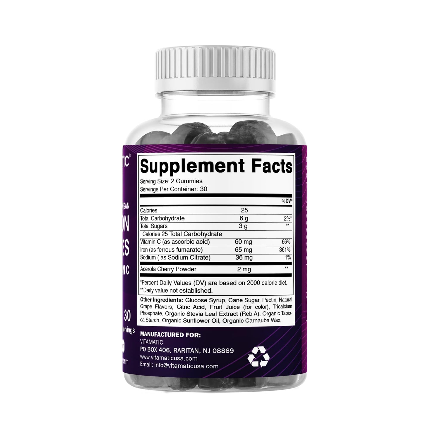 Vitamatic Iron 65 mg Gummies – Vegan Iron Gummies for Women & Men, 60 Gummies