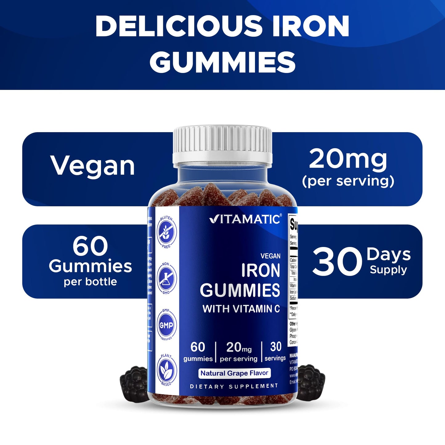 Vitamatic Iron Gummies - 20mg Iron + Vitamin C | 60 Vegan Gummies