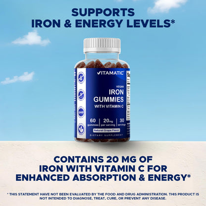 Vitamatic Iron Gummies - 20mg Iron + Vitamin C | 60 Vegan Gummies