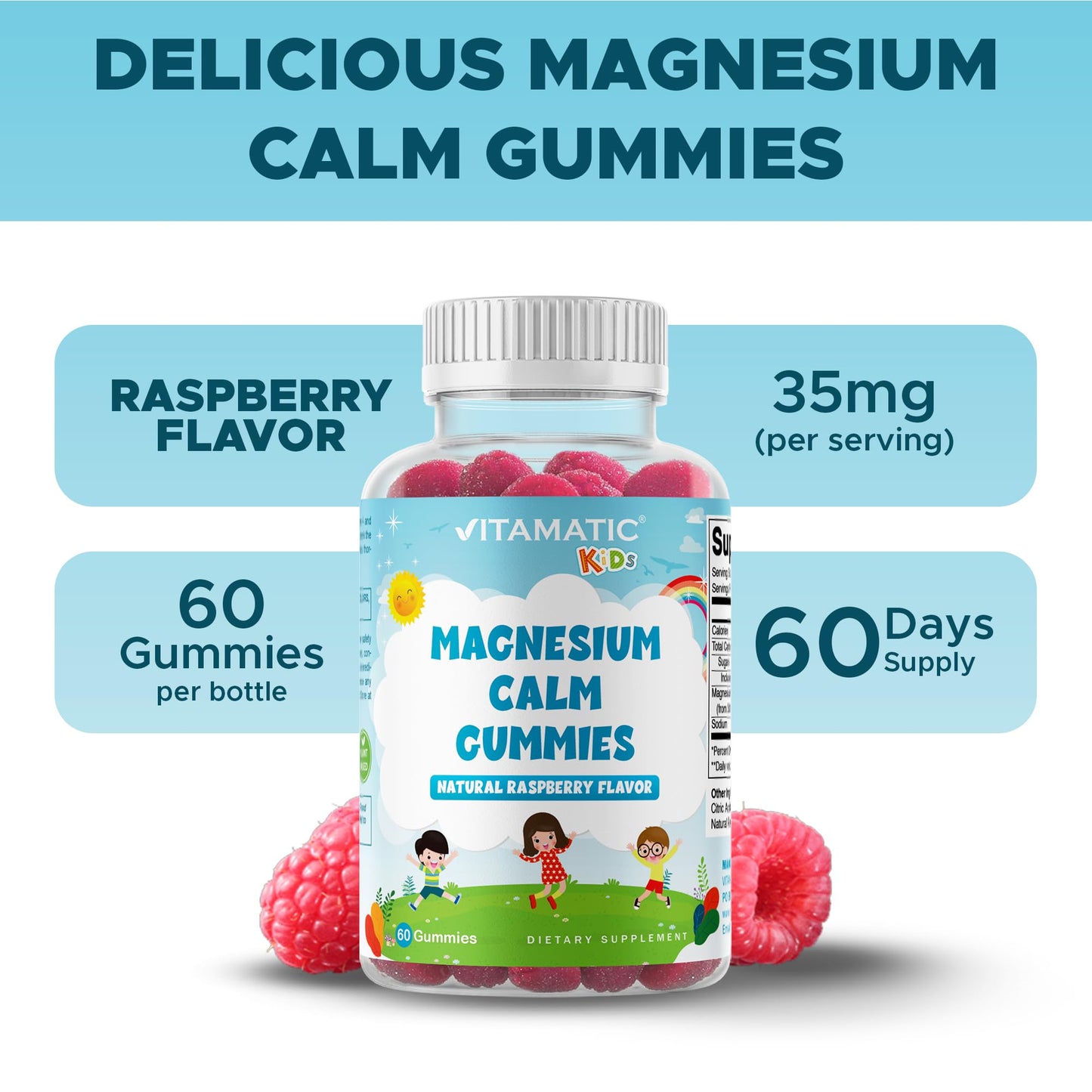 Vitamatic Kids Magnesium Calm Gummies - 60-Count Vegan, Raspberry Flavor | Muscle, Bone & Energy Support