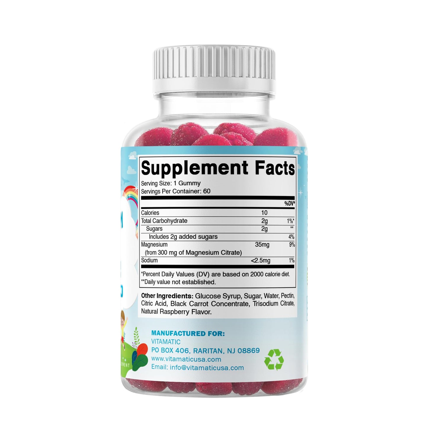 Vitamatic Kids Magnesium Calm Gummies - 60-Count Vegan, Raspberry Flavor | Muscle, Bone & Energy Support