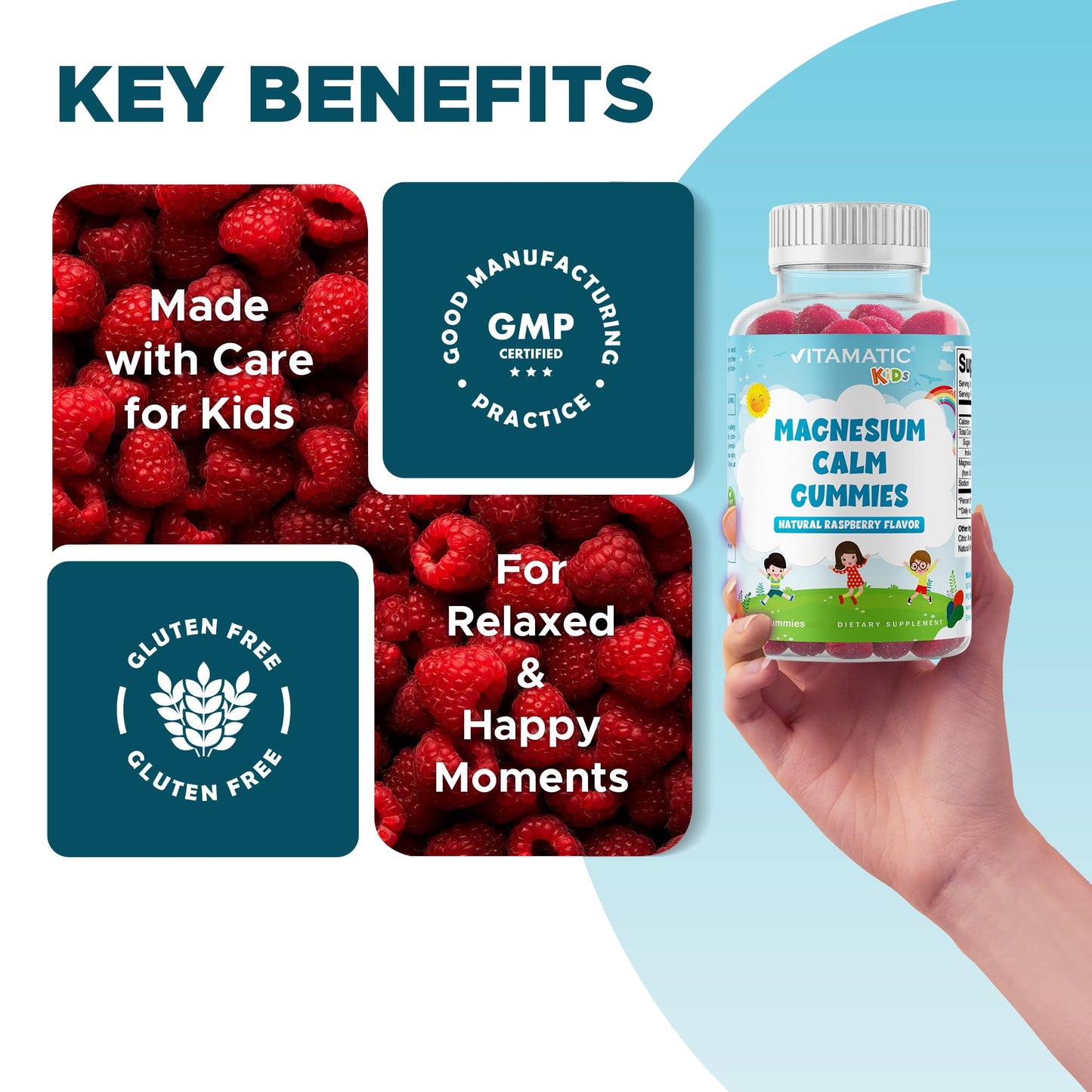 Vitamatic Kids Magnesium Calm Gummies - 60-Count Vegan, Raspberry Flavor | Muscle, Bone & Energy Support