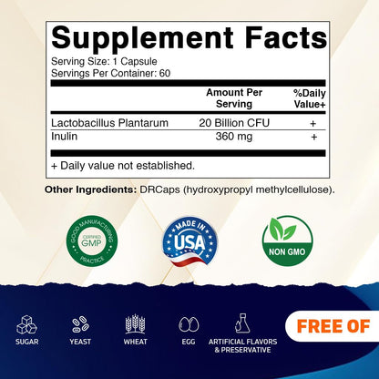 Vitamatic Lactobacillus Plantarum - 20 Billion per DR Capsule - 60 Count - Digestive Support - Made with Prebiotic Inulin Fiber