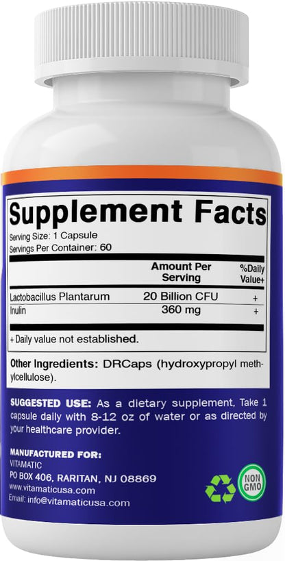 Vitamatic Lactobacillus Plantarum - 20 Billion per DR Capsule - 60 Count - Digestive Support - Made with Prebiotic Inulin Fiber