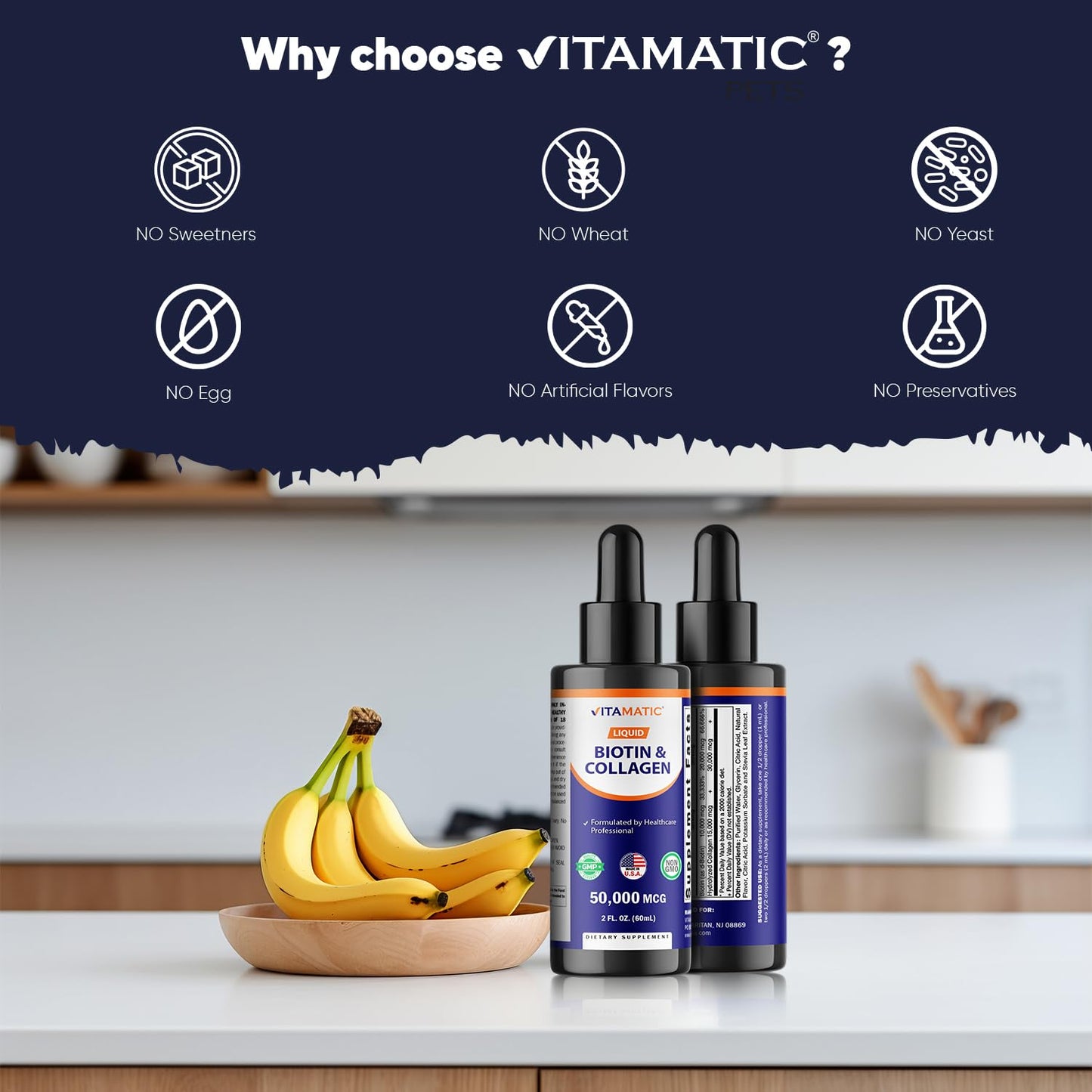 Vitamatic Liquid Biotin & Collagen Drops – 50,000 mcg, 2 oz – Hair, Skin & Nails