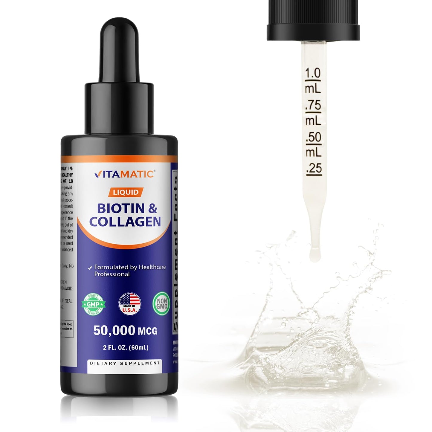 Vitamatic Liquid Biotin & Collagen Drops – 50,000 mcg, 2 oz – Hair, Skin & Nails