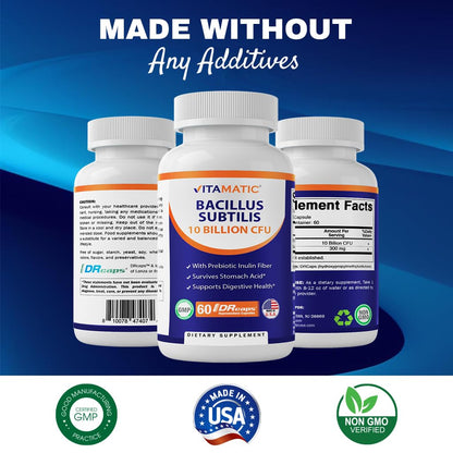 Vitamatic Bacillus Subtilis 10B DR Capsule – 60 Count | Digestive & Immune Health + Prebiotic Inulin