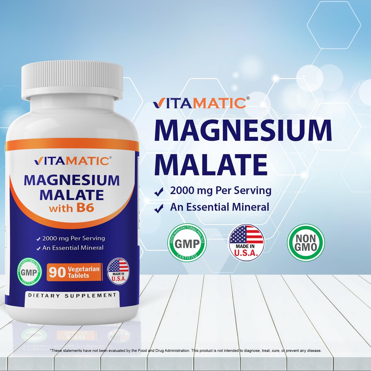 Vitamatic Magnesium Malate 2000mg | 90 Veg Tablets | B6 for Maximum Absorption