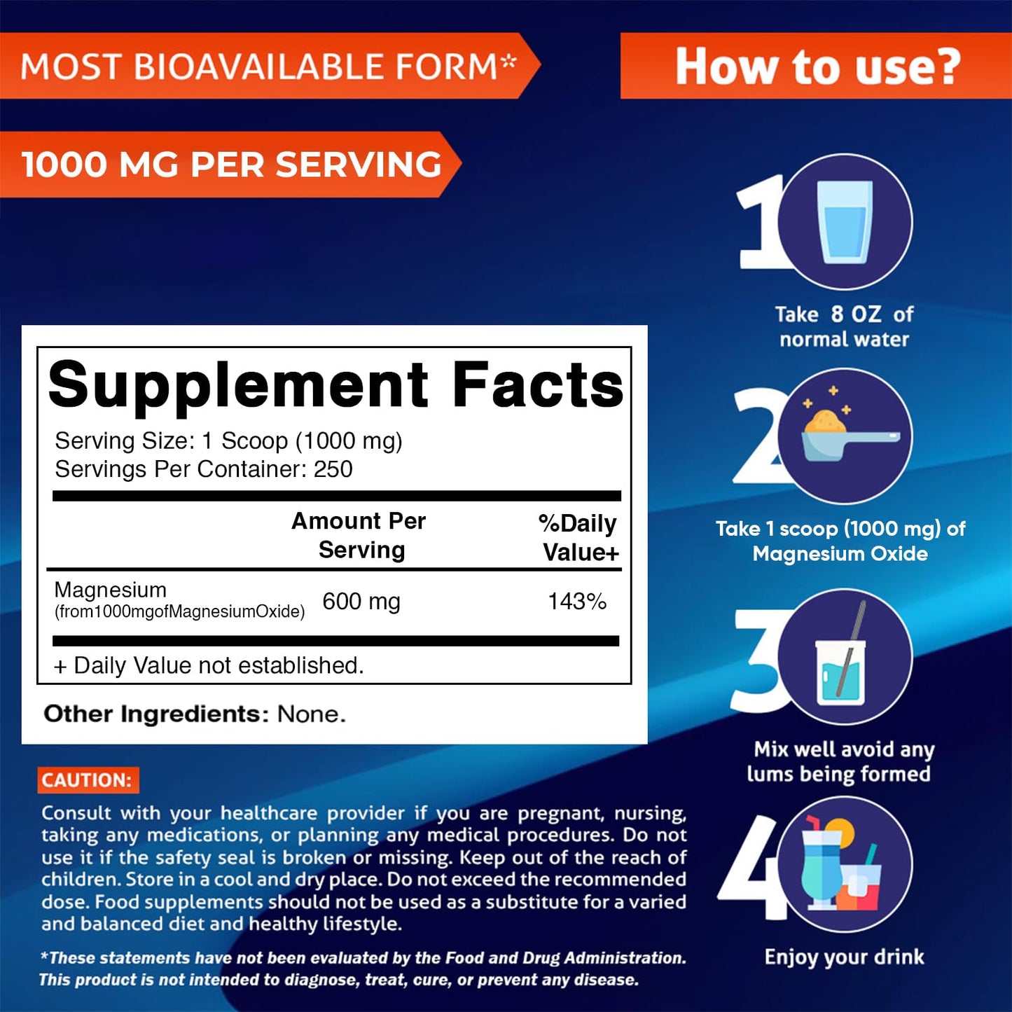 Vitamatic Magnesium Oxide Powder – 1000 mg per Serving | 600 mg Elemental Magnesium | Unflavored