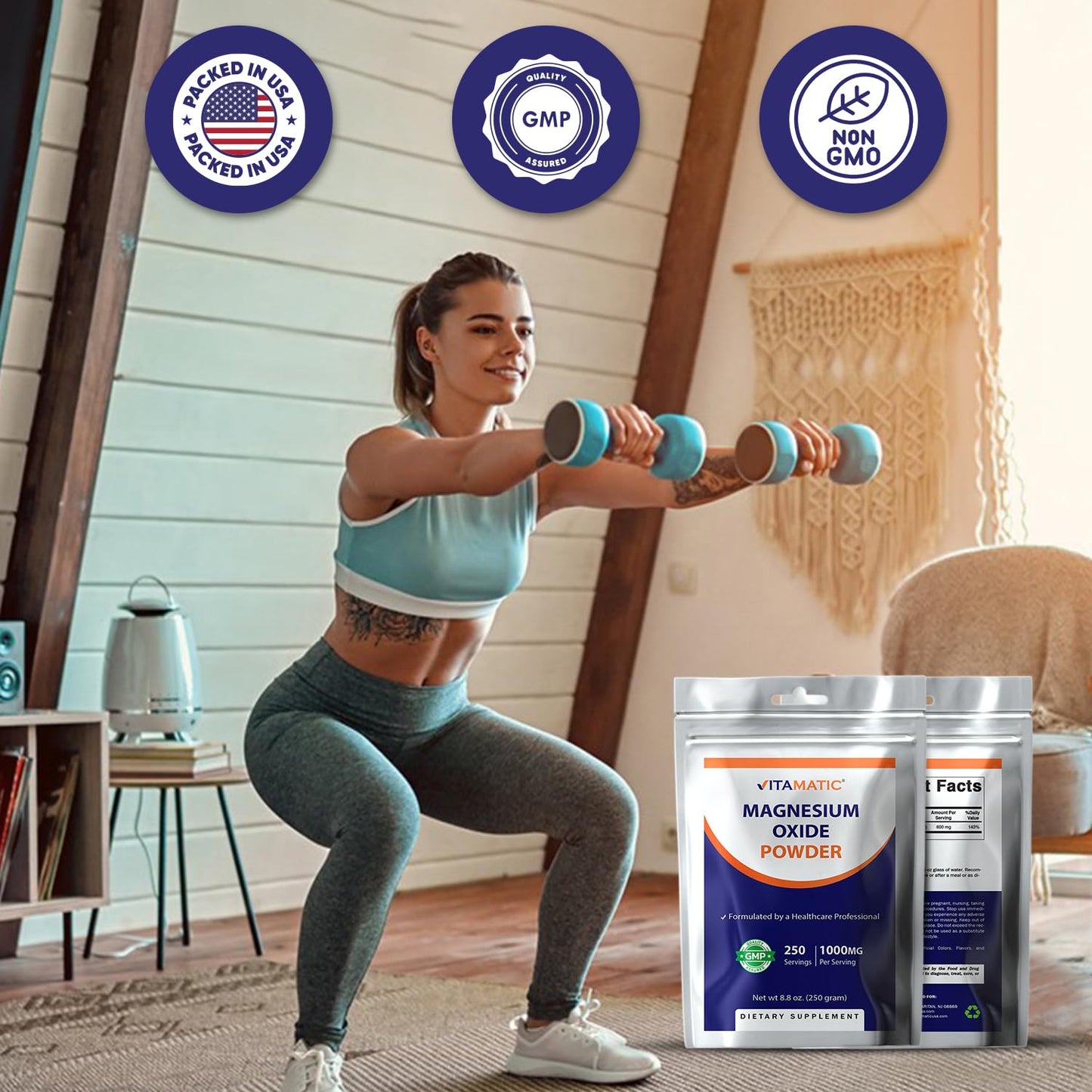 Vitamatic Magnesium Oxide Powder – 1000 mg per Serving | 600 mg Elemental Magnesium | Unflavored