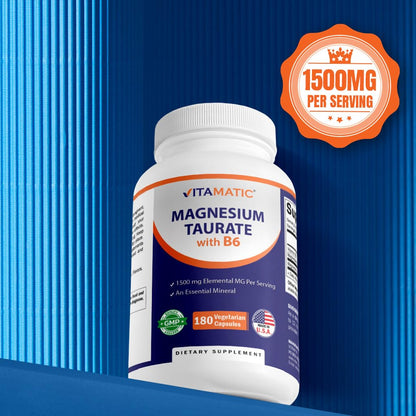 Vitamatic Magnesium Taurate 1500 mg – 180 Veg Capsules | Supports Muscle & Heart Health