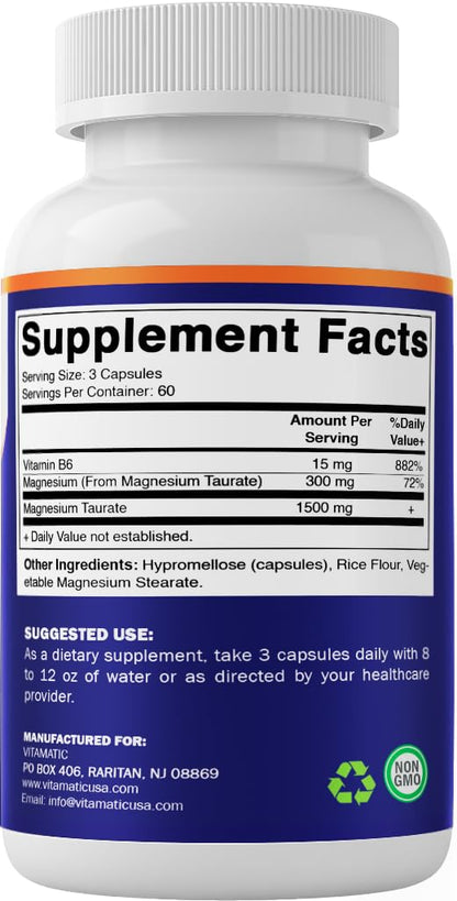 Vitamatic Magnesium Taurate 1500 mg – 180 Veg Capsules | Supports Muscle & Heart Health