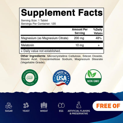 Vitamatic Melatonin 10 mg with Magnesium 200 mg – 120 Tablets | Sleep Support