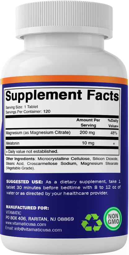 Vitamatic Melatonin 10 mg with Magnesium 200 mg – 120 Tablets | Sleep Support