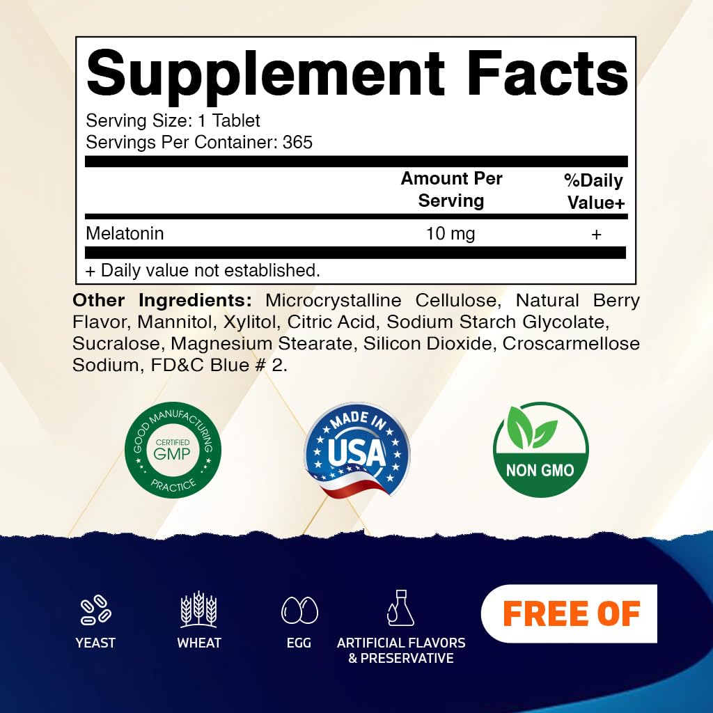 Vitamatic Melatonin 10 mg Tablets | Vegetarian, Non-GMO, Gluten-Free | 365 Tablets (1-Year Supply)