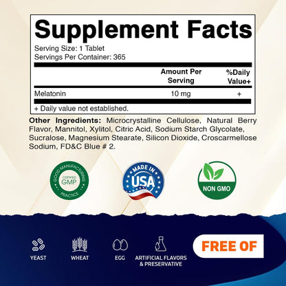 Vitamatic Melatonin 10 mg Tablets | Vegetarian, Non-GMO, Gluten-Free | 365 Tablets (1-Year Supply)