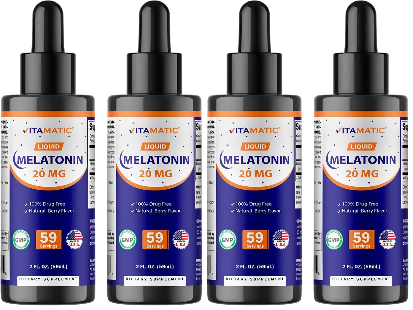 Vitamatic 4-Pack Melatonin 20mg Liquid Drops – Berry Flavor, Non-GMO