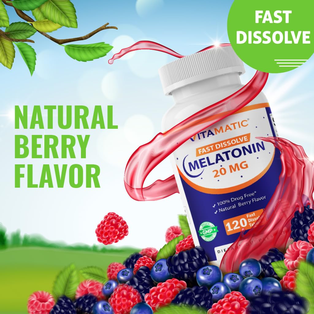 Vitamatic Melatonin 20 mg Tablets | Vegetarian, Non-GMO, Gluten Free | High Potency 20 mg | Natural Berry Flavor 120 Tablets