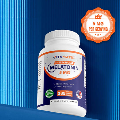 Vitamatic Melatonin 5 mg Tablets - Vegetarian, Non-GMO, Gluten Free | 365 Tablets
