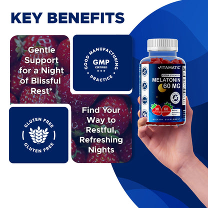 Vitamatic Sugar Free Melatonin 60 mg Gummies – 2 Pack (60 Gummies) – Vegan, Non-Habit Forming