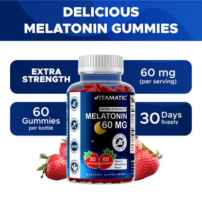 Vitamatic Sugar Free Melatonin 60 mg Gummies – 2 Pack (60 Gummies) – Vegan, Non-Habit Forming