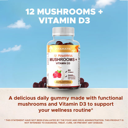 Vitamatic Mushroom Complex with D3 - 60 Pectin Gummies | 12-Mushroom Blend + 600 IU D3