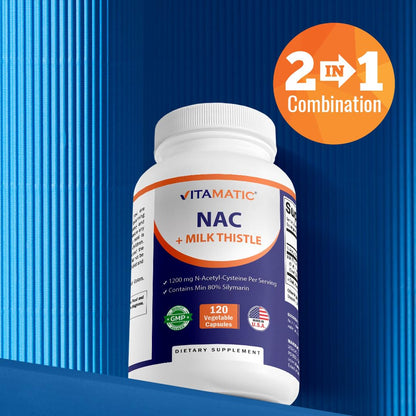 Vitamatic NAC Supplement with Milk Thistle 50:1 Extract - 1200 mg NAC per Serving, 120 Veg Capsules