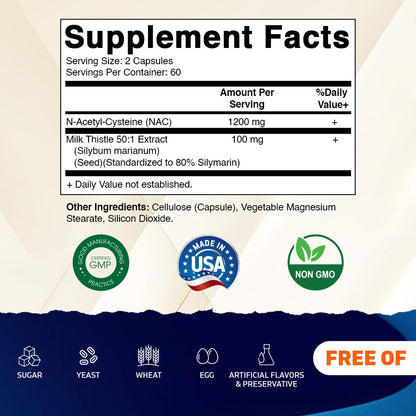 Vitamatic NAC Supplement with Milk Thistle 50:1 Extract - 1200 mg NAC per Serving, 120 Veg Capsules