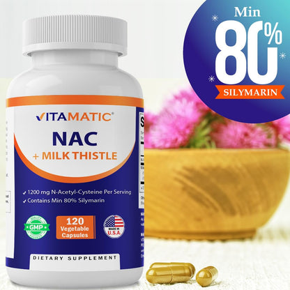 Vitamatic NAC Supplement with Milk Thistle 50:1 Extract - 1200 mg NAC per Serving, 120 Veg Capsules