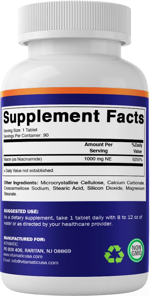 Vitamatic Niacinamide 1000 mg - 90 Tablets | Flush-Free Vitamin B3 for Energy Production