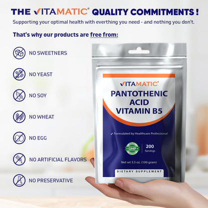 Vitamatic Pantothenic Acid Pure Powder 500 mg per Serving - 100 g (200 Servings) - Vitamin B5