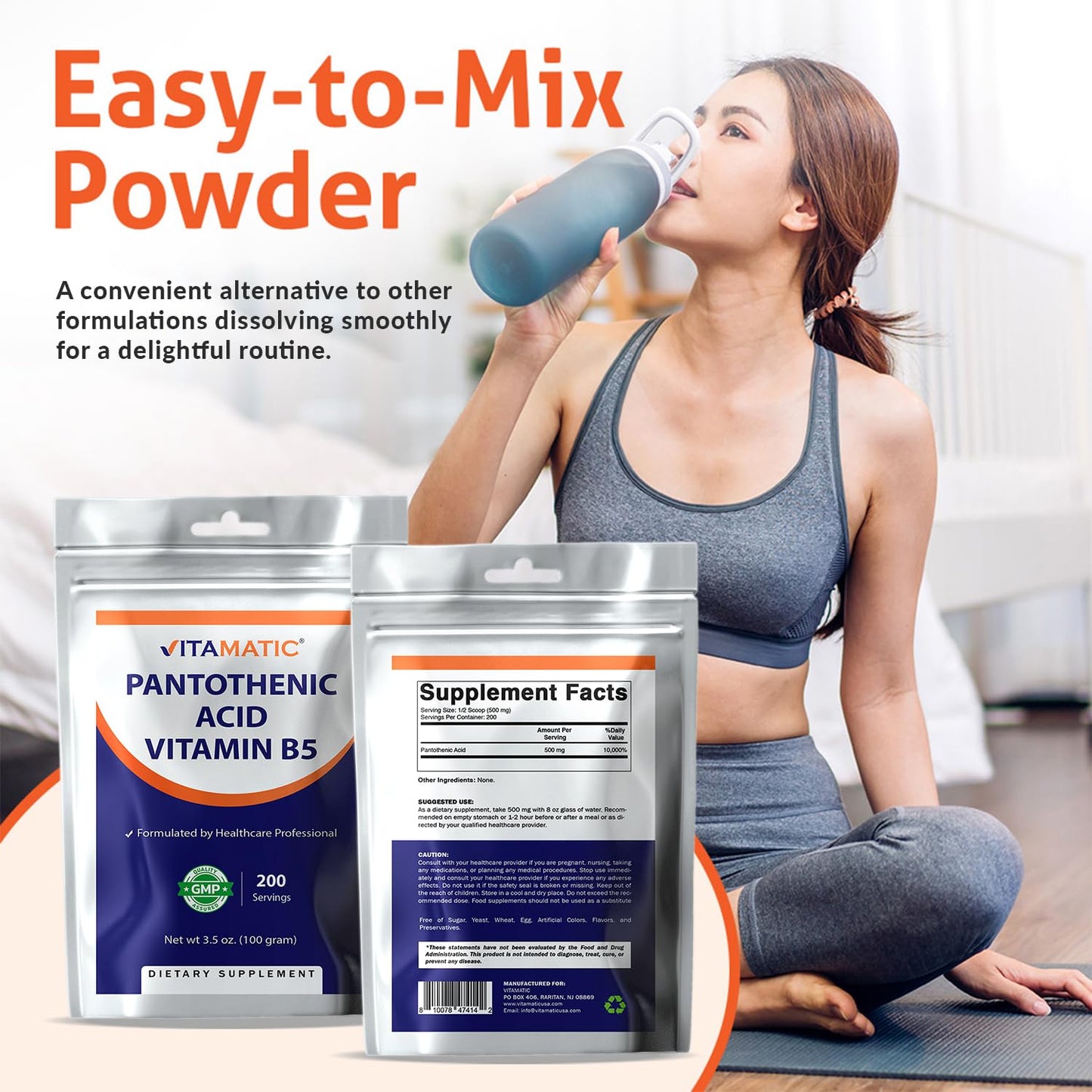 Vitamatic Pantothenic Acid Pure Powder 500 mg per Serving - 100 g (200 Servings) - Vitamin B5