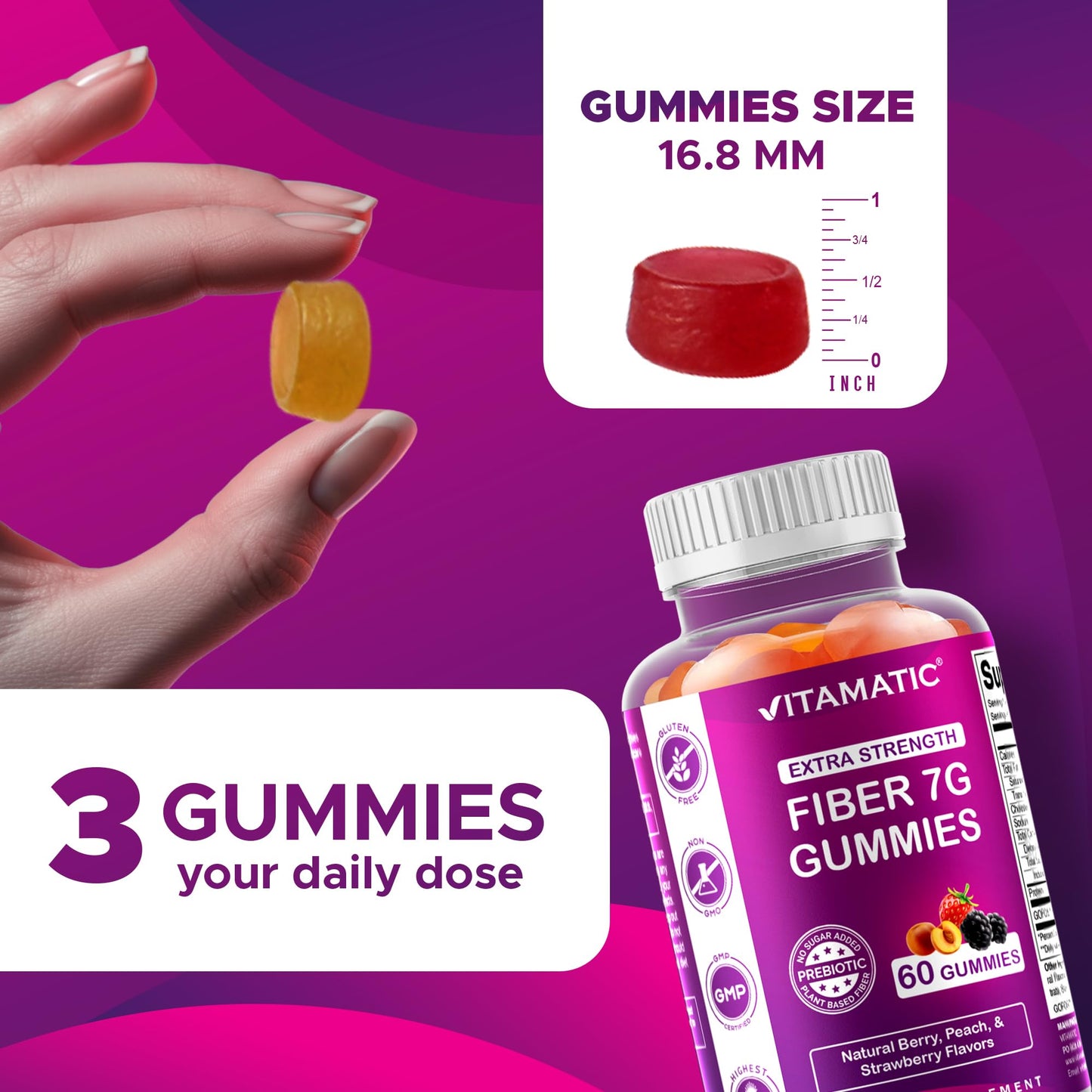 Vitamatic Prebiotic Fiber Gummies – 7g Fiber per Serving, 60 Pectin-Based, Vegan & Gluten-Free