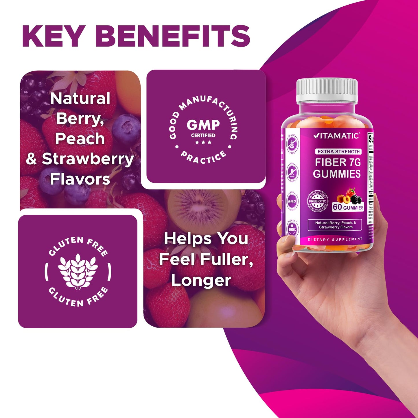 Vitamatic Prebiotic Fiber Gummies – 7g Fiber per Serving, 60 Pectin-Based, Vegan & Gluten-Free