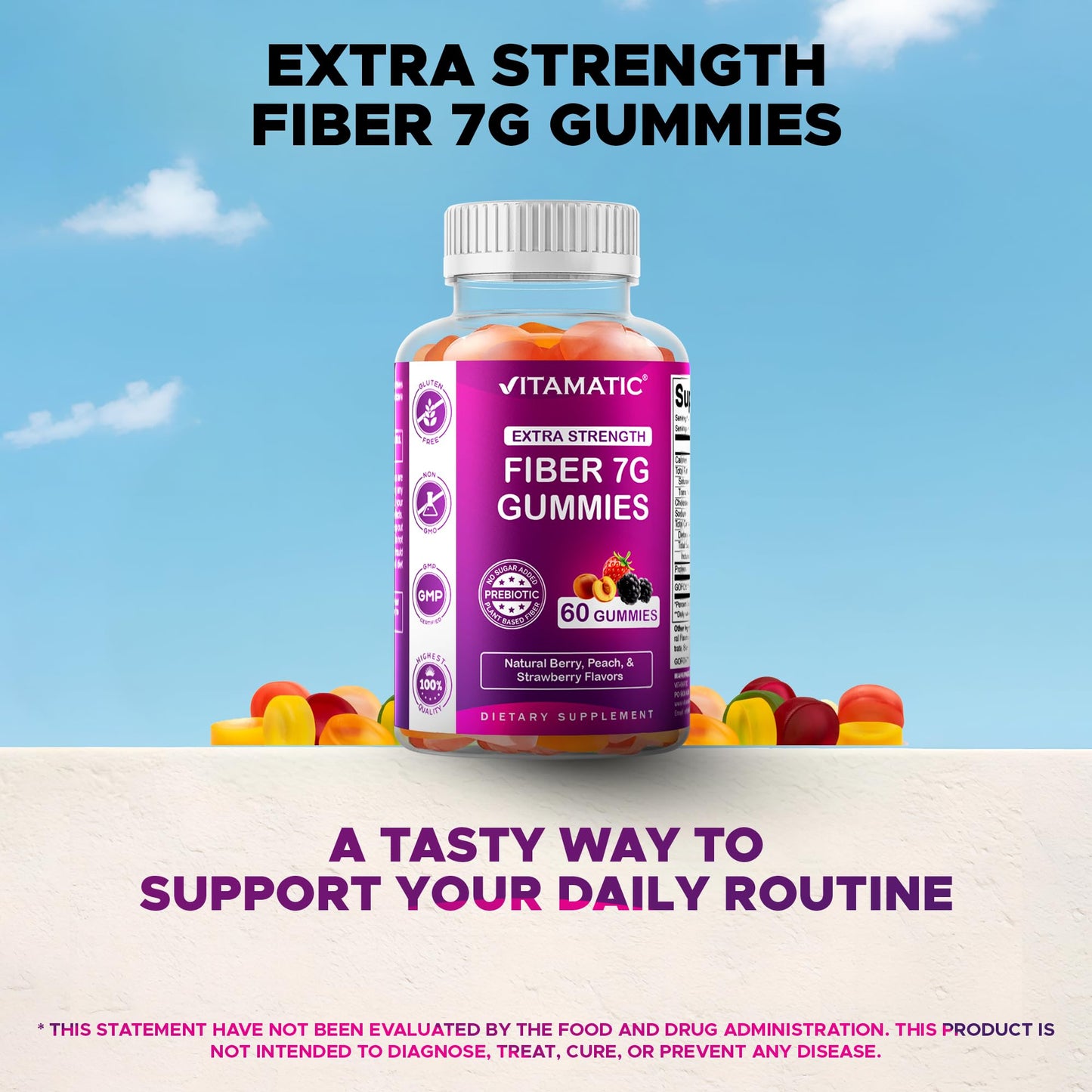 Vitamatic Prebiotic Fiber Gummies – 7g Fiber per Serving, 60 Pectin-Based, Vegan & Gluten-Free