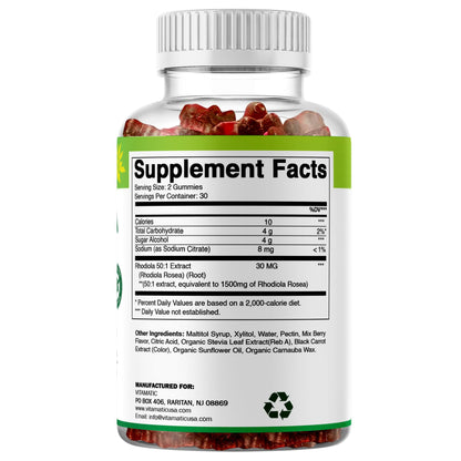 Vitamatic Sugar Free Rhodiola Rosea Gummies 1500 mg per Serving – 60 Gummies – Mixed Berry – Adaptogen Supplement – Made in USA